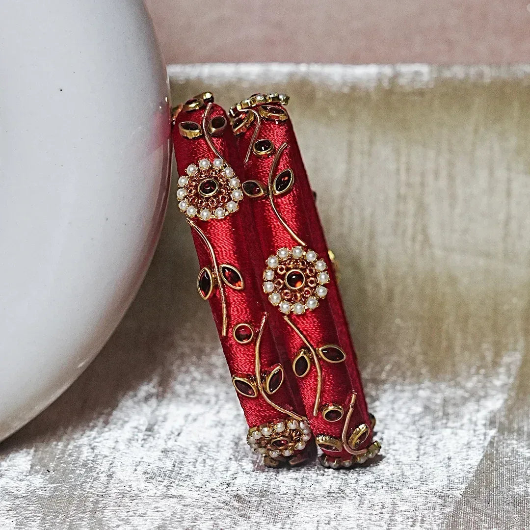 Designer Thread Work Kundan Leaf Style Kada Bangle for Women & Girls (Pack of 2) - The Golden Cascade